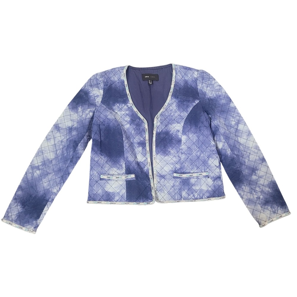 MNG Casual Medium Quilted Tie Dye Jacket Womens Blue Beaded Boho Open Front